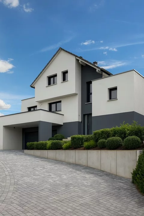 Maison sur mesure dans le Sundgau, sur un terrain en pente, avec garage en contrebas et façades blanches et grises.