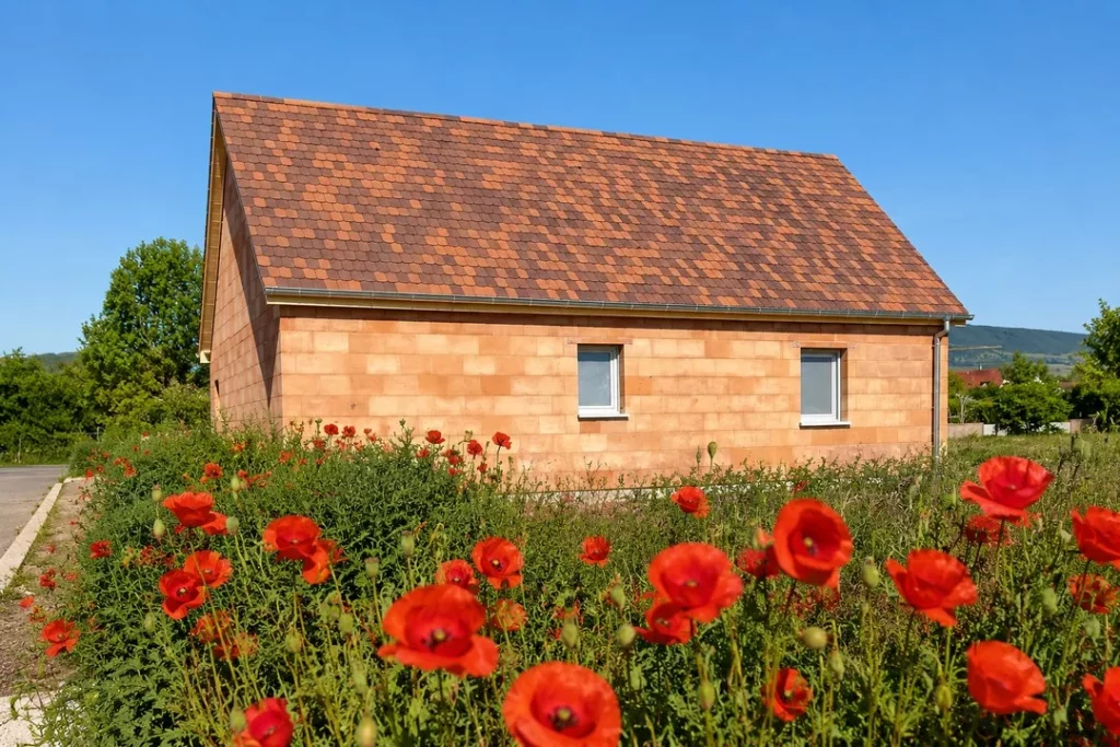 Maison en cours de construction, avec murs en briques apparentes et toiture à deux pans en tuiles.