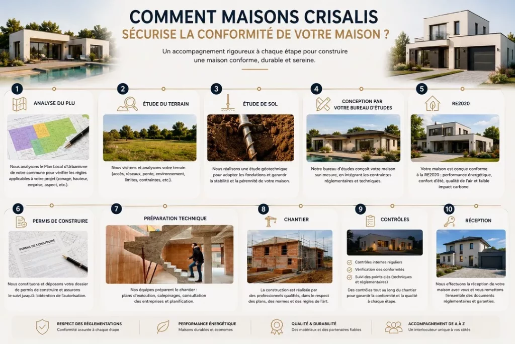 Infographie des 10 étapes de contrôle de la conformité d’une maison par Maisons Crisalis, de l’analyse du PLU à la réception.