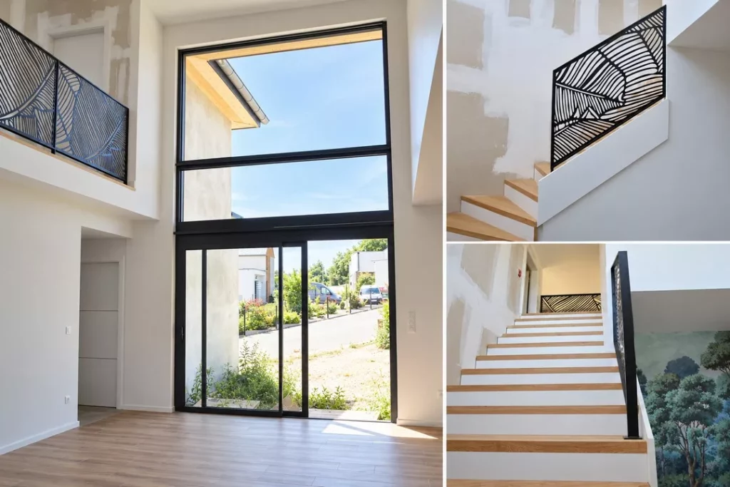 Séjour double hauteur avec grande baie vitrée, escalier en bois et garde-corps noirs ajourés, avec des murs restant à peindre.
