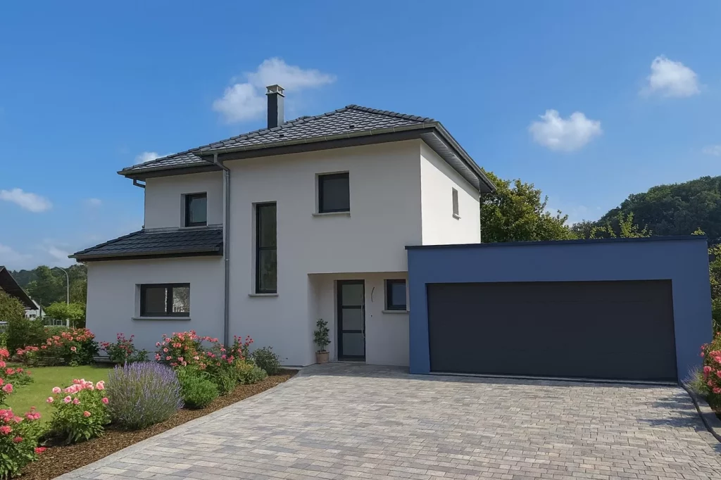 Maison à étage avec toiture à quatre pans, façade claire et garage double à toit plat dans le Sundgau.