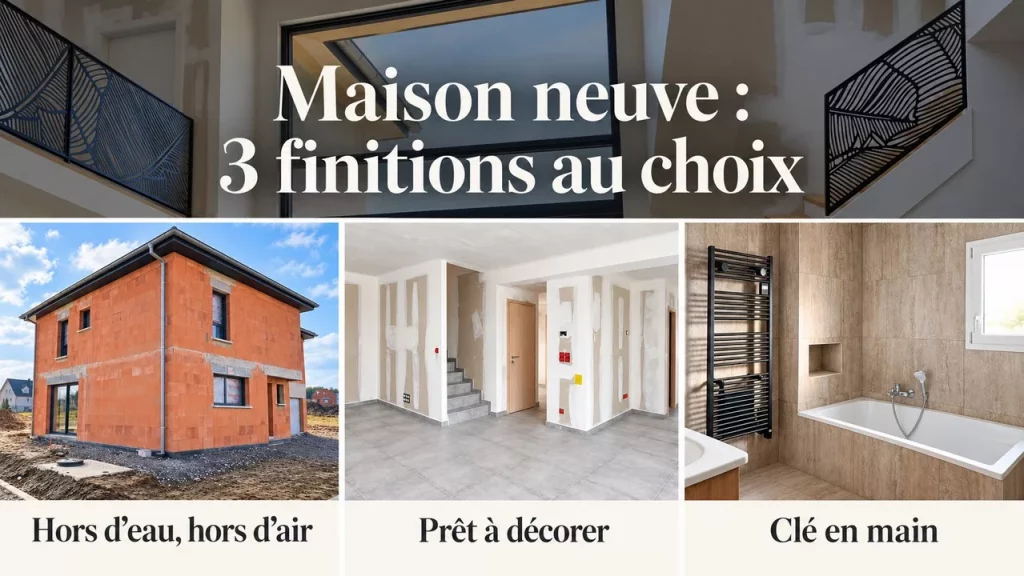 Trois finitions de maison neuve : maison en briques hors d’eau hors d’air, intérieur prêt à décorer et salle de bains clé en main.