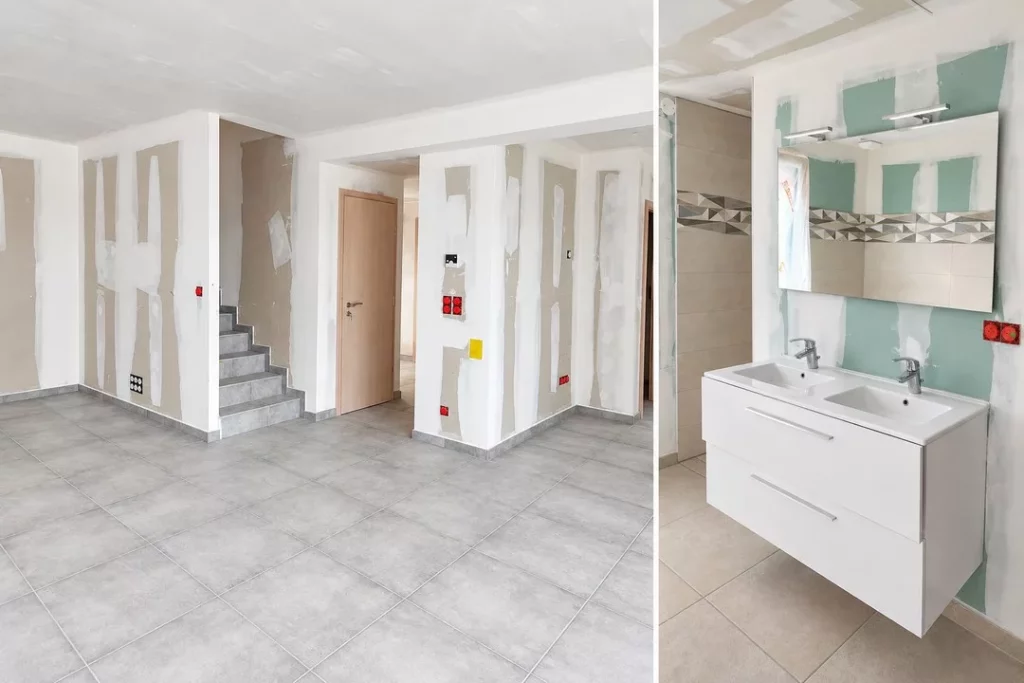 Intérieur de maison prêt à décorer : pièce de vie carrelée aux murs non peints et salle de bains avec meuble double vasque.