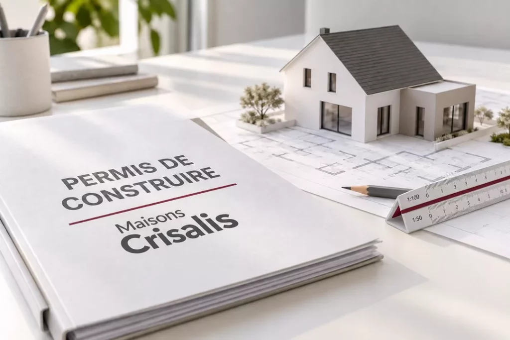 Dossier de permis de construire Maisons Crisalis avec plans, maquette de maison et règle à échelles multiples.
