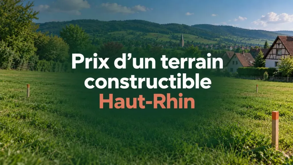 Prix d’un terrain constructible dans le Haut-Rhin : illustration d’une parcelle verdoyante avec des piquets et un village en arrière-plan.