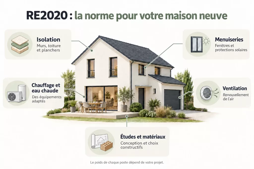 Maison entourée des cinq postes présentés : isolation, menuiseries, chauffage et eau chaude, ventilation, études et matériaux.
