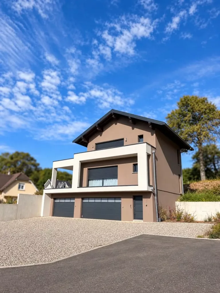 Maison sur un terrain en pente à Bettlach, avec double garage au niveau inférieur et terrasse surélevée.