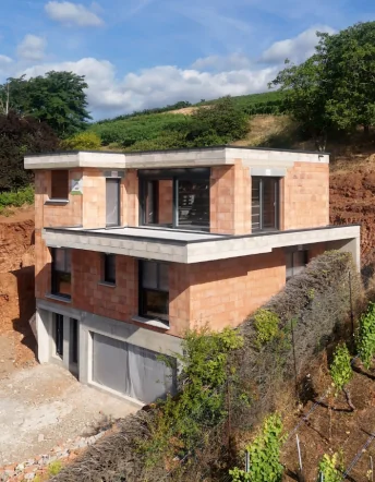 Maison contemporaine en construction sur un terrain en pente, avec garage intégré au niveau inférieur.