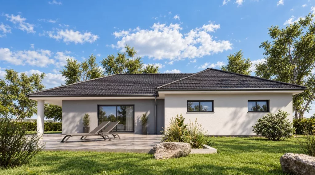 Vue 3D d’une maison de plain-pied à toiture quatre pans, avec une terrasse partiellement couverte et un jardin