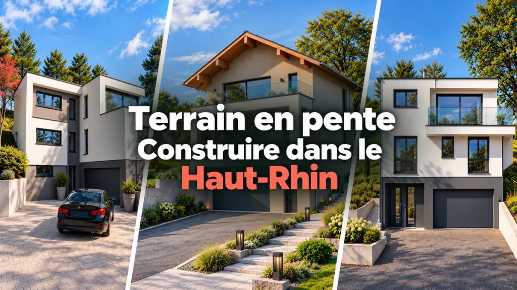 Trois maisons adaptées à un terrain en pente, avec le texte « Terrain en pente – Construire dans le Haut-Rhin ».