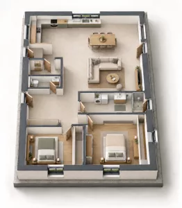 Vue axonométrique aménagée d’une maison de plain-pied de 86 m² avec deux chambres et une cuisine ouverte sur le séjour.